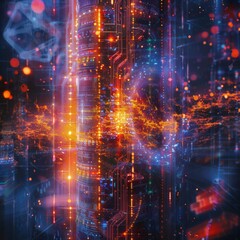 A dramatic visualization of quantum computing power enhancing blockchain scalability