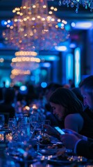 A dynamic charity fundraising gala attendees using cryptocurrency apps on sleek devices