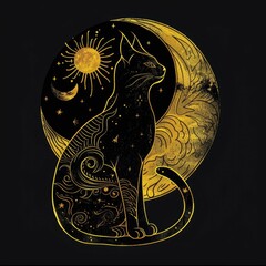 Abstract silhouette of cat made from stars sitting near Moon