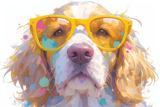 Cocker Spaniel dog with colorful splash paint and wearing yellow glasses on a white background