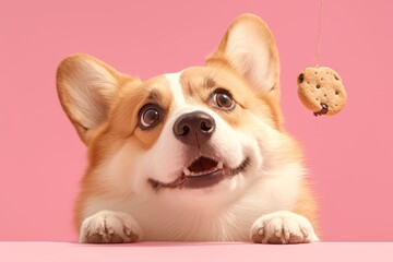 Corgi dog trying to catch the cookie hanging in front of him, solid pink background