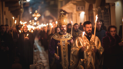 A Greek Orthodox Easter procession with priests and parishioners carrying lit candles.