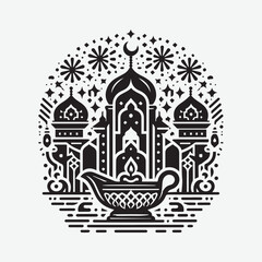 3d depiction of arabic palace for islamic celebration black & white vector
