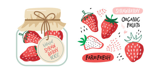 Canned strawberries. Compote or jam in jars, drink in glass and fresh red berry. Canned fruit. Fruit conservation vector illustration. Farmer Market Branding. Organic food template. Sweet food icon