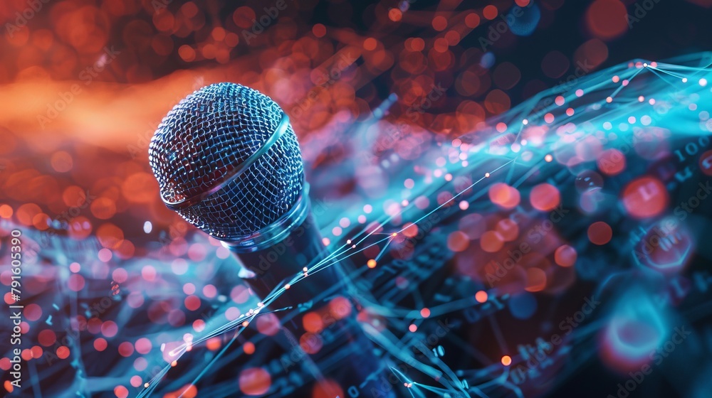 Poster A 3d model of a microphone with a dynamic abstract background  AI generated illustration