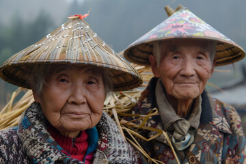 Elderly Asian couple with traditional bamboo hats. Generative AI image