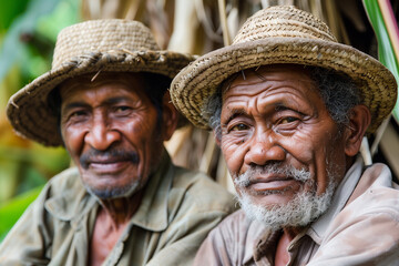 Elderly farmers with straw hats sharing a moment. Generative AI image