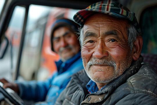 Warm smile of an elderly farmer in a plaid hat. Generative AI image