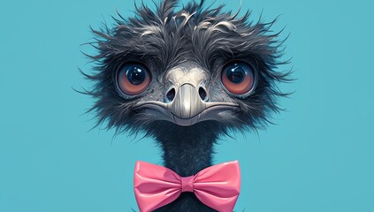 Emu with pink bow tie on pastel background. symmetrical portrait of cute and funny ostrich dressed up for evening event - obrazy, fototapety, plakaty