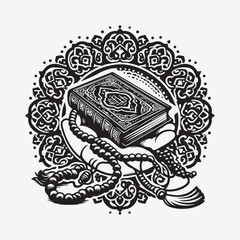 Islamic Holy Quran with Tasbih black & white vector
