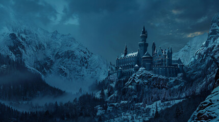 Old historic medieval fantasy castle in snow  - Powered by Adobe