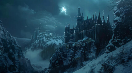 Old historic medieval fantasy castle in snow 