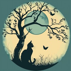 Black cat silhouette sitting under tree branch and looking at the Moon
