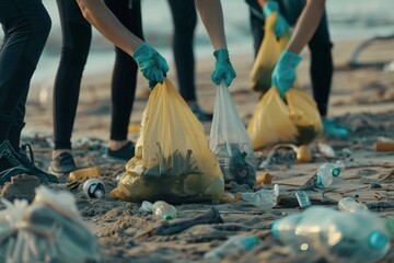 Volunteers cleaning up a polluted beach, collecting plastic waste. Concept: environmentalism, conservation, volunteering, pollution, clean-up. soft focus,defocus