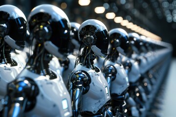Closeup of A.I. robots lined up in rows