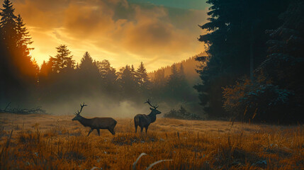 Deer in a clearing in the morning - obrazy, fototapety, plakaty