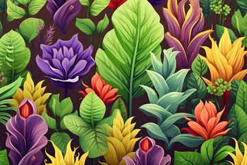 Naklejka premium Various types of spring young plants in the garden. Digital art illustration of colorful flowers and leaves, beauty of nature green background.