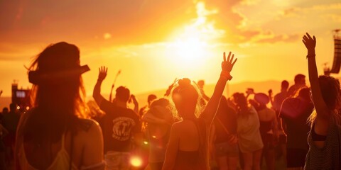 Silhouetted people enjoying a festival at sunset, hands raised in celebration. Concept: festival,...