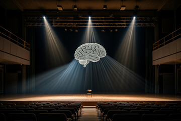 A conceptual image of a brain spotlight illuminating an empty theater stage with seating