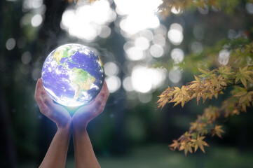 Earth day save the world by sustainability business concept Human hands holding blue earth with blurred autumn background, Elements of this image furnished by NASA