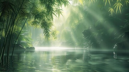 A bamboo forest by the stream, sunlight shining through leaves and mist onto water surface, light...