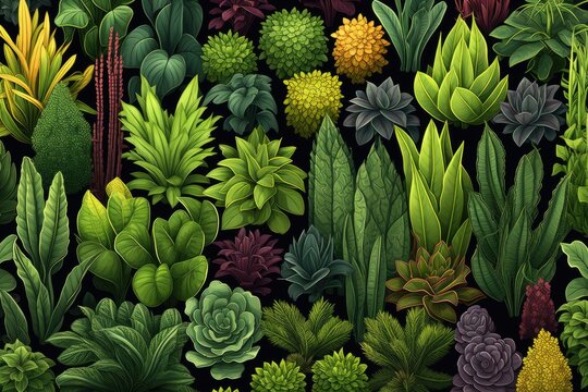 Various types of spring young plants in the garden. Digital art illustration of colorful flowers and leaves, beauty of nature green background.