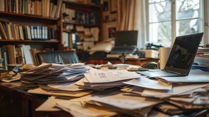 Zoomed-in image of a CEOs desk covered in paperwork and a laptop  AI generated illustration