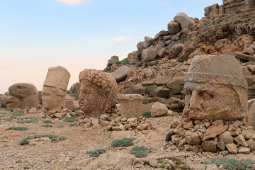Heads of stone statues, sculptures on the East Terrace of Mount Nemrut, heads of an eagle, King...