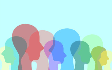 Colorful heads sign symbol overlay. Group diversity multiethnic silhouette side view people. Concept of Collaborators, Mental health, psychology, different nation, culture, contrast mind, Community