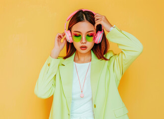 A fashion photo of a woman in a pastel green blazer, white t-shirt and neon sunglasses wearing pink headphones on her head listening to music against a yellow background