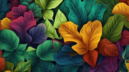 Colorful Autumn Leaves Tropical Floral Illustration Seamless Pattern Background