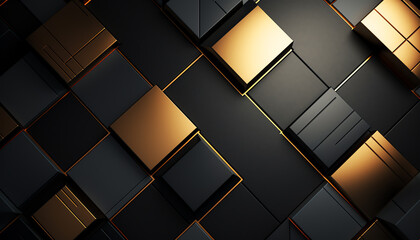 Luxurious 3D abstract background featuring black and gold hexagons in a seamless pattern, creating a sense of depth and sophistication, perfect for premium brand advertisements or upscale product pack