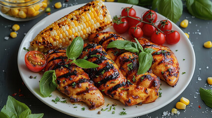 Top View Grilled chicken on a white plate accompanied by cherry tomatoes, corn on the cob, and garnished with basil leaves. Generative AI.