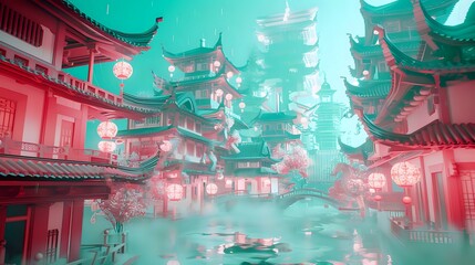 Graceful Balance Cityscape: Dragon and Chinese Houses in Teal and Crimson 3D