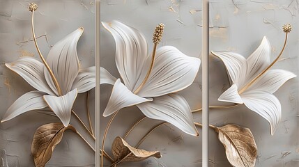 Elegant White and Gold Floral Wall Art for Interior Decor - obrazy, fototapety, plakaty