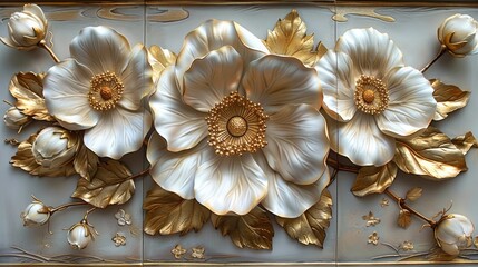Elegant Floral Wall Panel with White and Gold Accents - obrazy, fototapety, plakaty