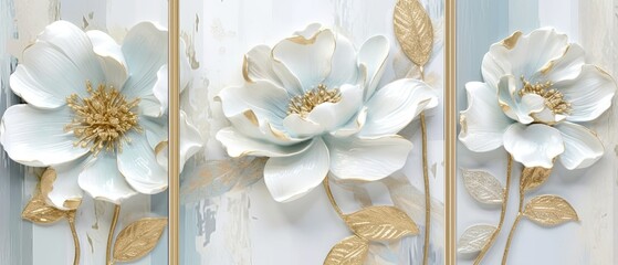 Elegant White and Gold Floral Wall Art Collection - obrazy, fototapety, plakaty