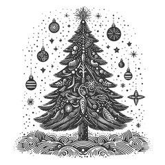 decorated Christmas tree, surrounded by festive ornaments and stars, perfect for holiday themes sketch engraving generative ai raster illustration. Scratch board imitation. Black and white image.