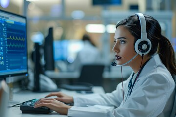 medicine, technology and healthcare concept - female doctor or nurse with computer calling on phone at hospital. Beautiful simple AI generated image in 4K, unique. - obrazy, fototapety, plakaty