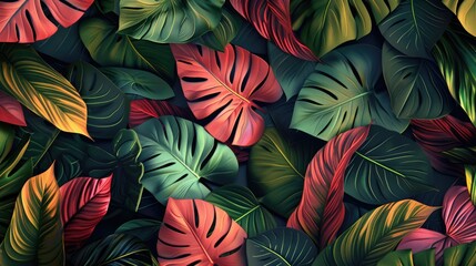 Red and Green Palm Tree Tropical Leaves Pattern Illustration art Background