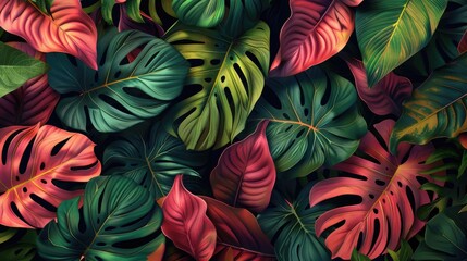 Red and Green Palm Tree Tropical Leaves Pattern Illustration art Background