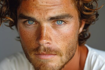 Detailed close-up of a young man with striking blue eyes and freckles looking intently at the camera