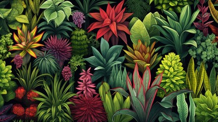 Fototapeta na wymiar Various types of Spring Young plants in the garden Green Background Digital art illustration
