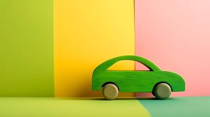 Green wooden toy car on colored background