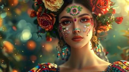  A mesmerizing image of a beautiful lady in a traditional Mexican dress, with flowers embellishing her hair and floral designs adorning her face, capturing the spirit of Cinco de Mayo.