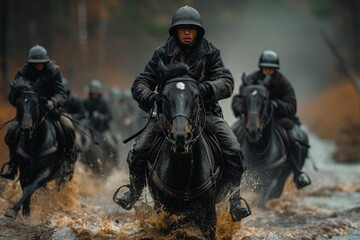 Soldiers on horseback charging through water in an intense, action-packed military reenactment scene