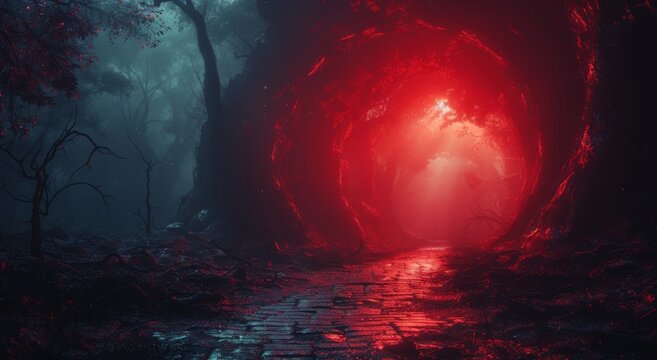 dark red forest with trees, fog and mysterious mysterious forest. 3 d illustration.