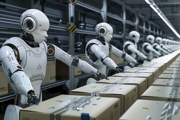 group of humanoid robots packaging boxes in an industrial warehouse, concept for the future working with AI technology