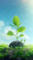 New Life Sprouting, Seedling Growing in Blue Sky Sunlight Background, Close Up of Small Young Plant with Green Leaves on Tree Branch. Earth Day Banners and Nature Background