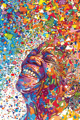 A painting featuring a womans face at the center, surrounded by colorful confetti, creating a festive and joyful atmosphere